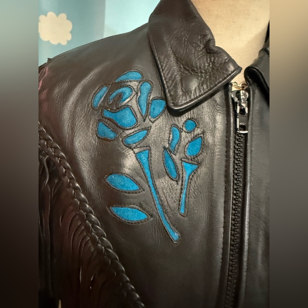 NWT 80s leather fringe rose moto jacket- S-M - Picture 3 of 6
